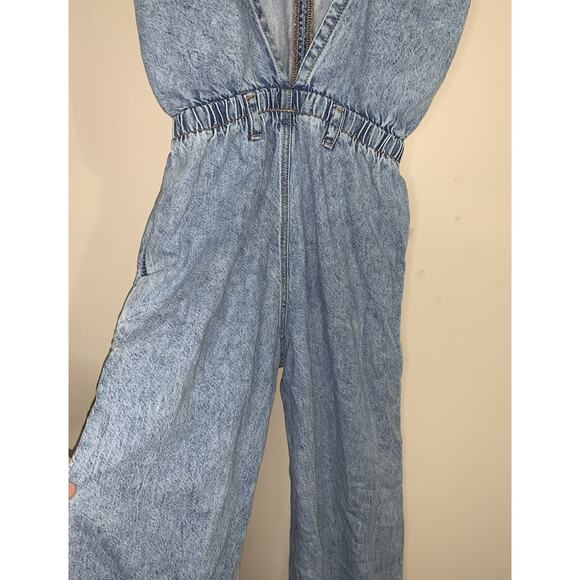 Zara Girls Denim Dungaree Jumpsuit Wide Leg Pockets Open Back Size 9 - Picture 6 of 12